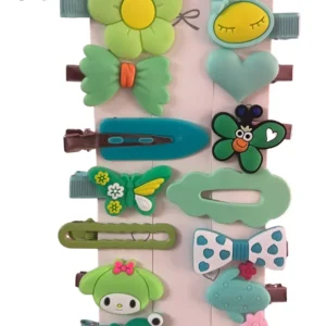 Fresh Garden Fun Hair Clip Set Green & Blue Whimsical Slides 1x14 set