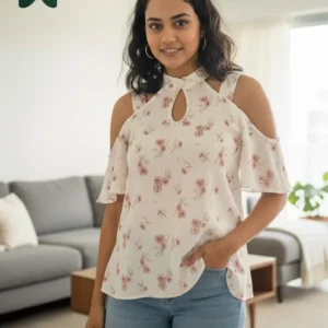 Chiang Mai Cream Floral Keyhole Blouse